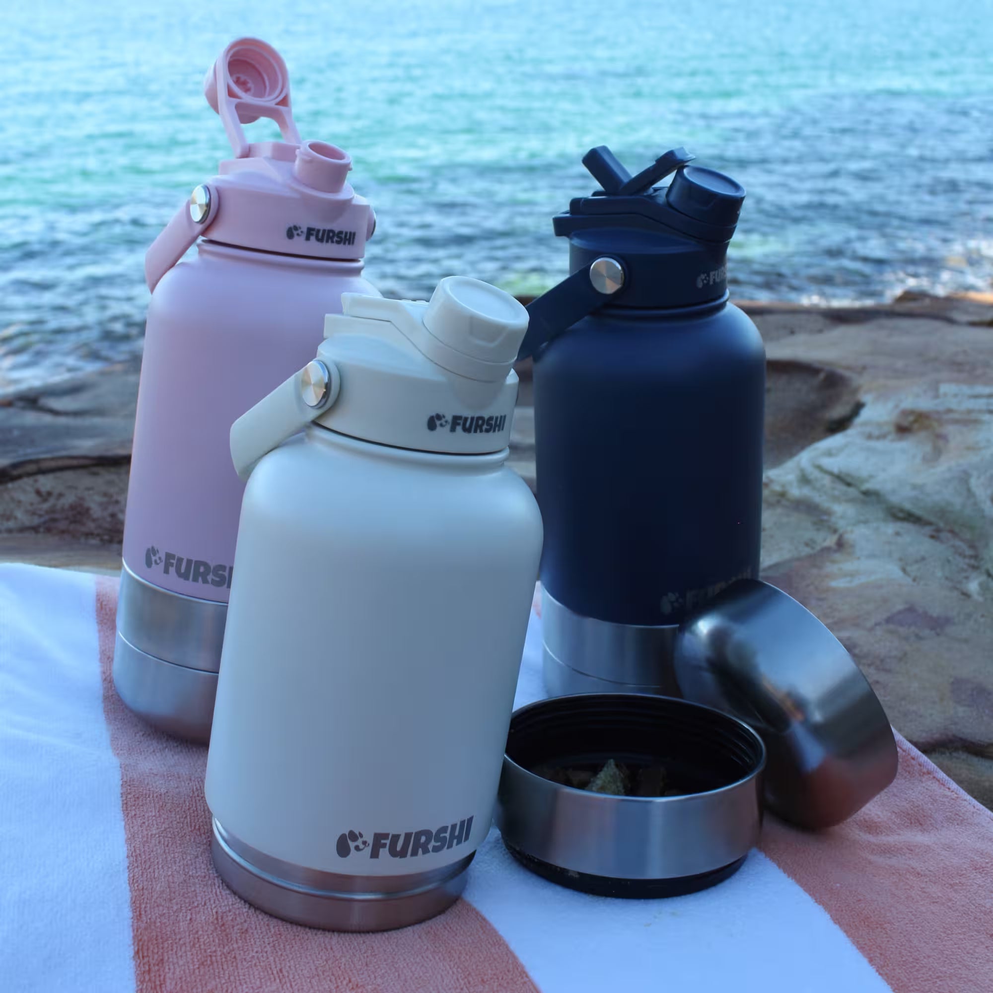 Three Furshi bottles on the beach