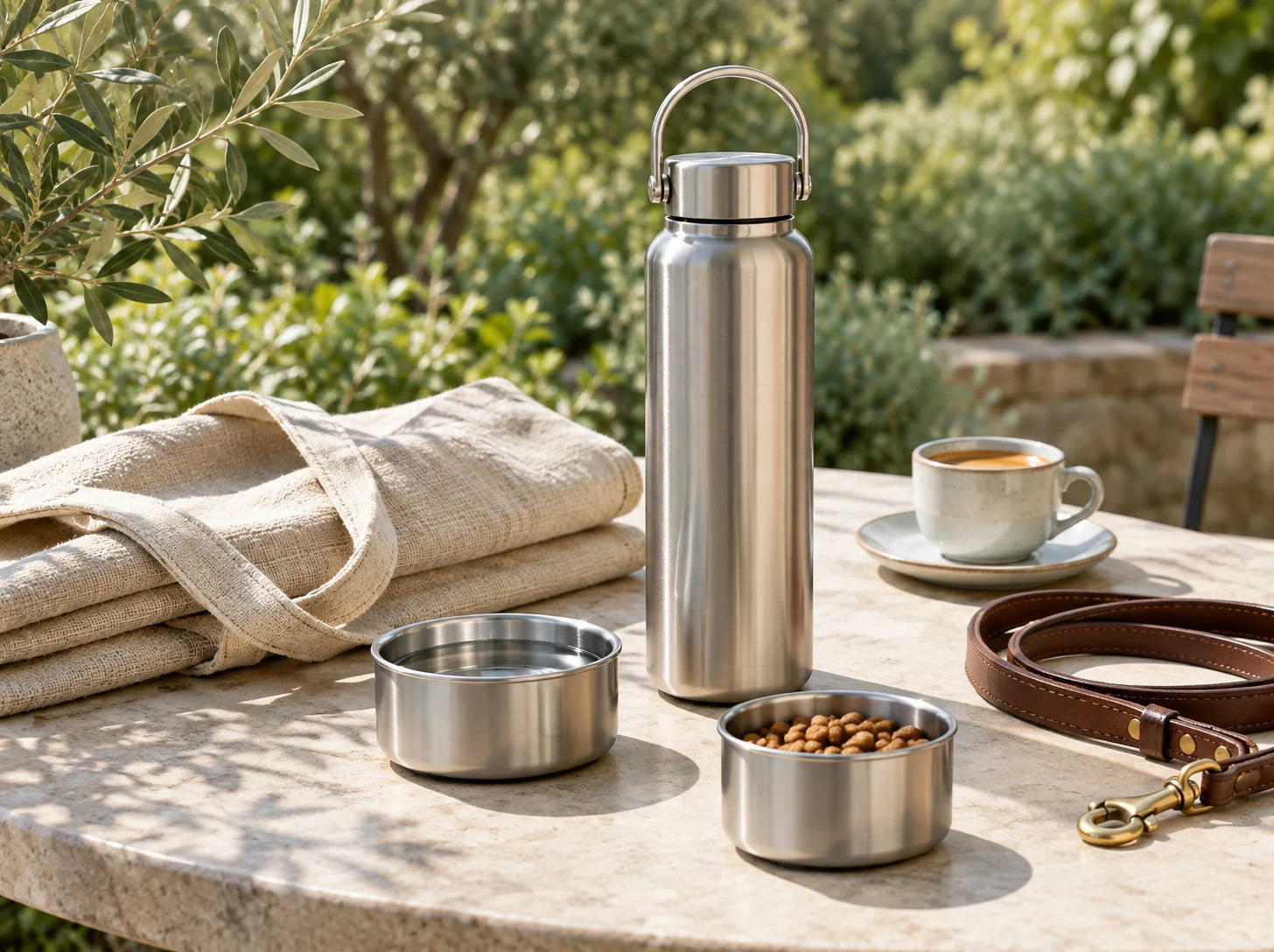 Premium sunlit still life of a brushed stainless-steel drinking flask with a top carry handle and two small detachable bowls on a pale stone cafe table, beside a folded oatmeal linen tote, a leather dog lead and an espresso cup, with a soft olive-green garden in the background