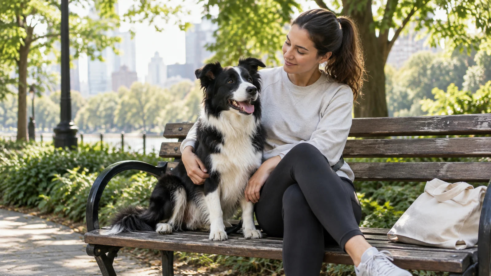 Natural lifestyle photograph of an urban dog parent wearing neutral athletic clothes sitting on a park bench beside a cheerful black and white border collie, leafy city park with soft afternoon sun and a folded canvas tote