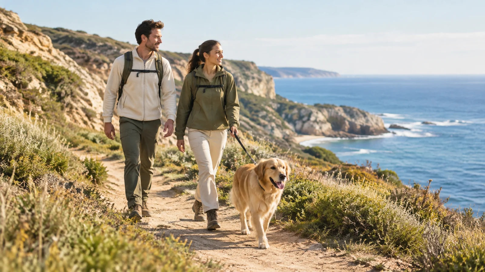 Premium outdoor lifestyle photograph of a couple in understated cream and olive hiking clothing walking a golden retriever on a sunlit coastal trail, pale sandstone, wild grasses and a distant blue ocean